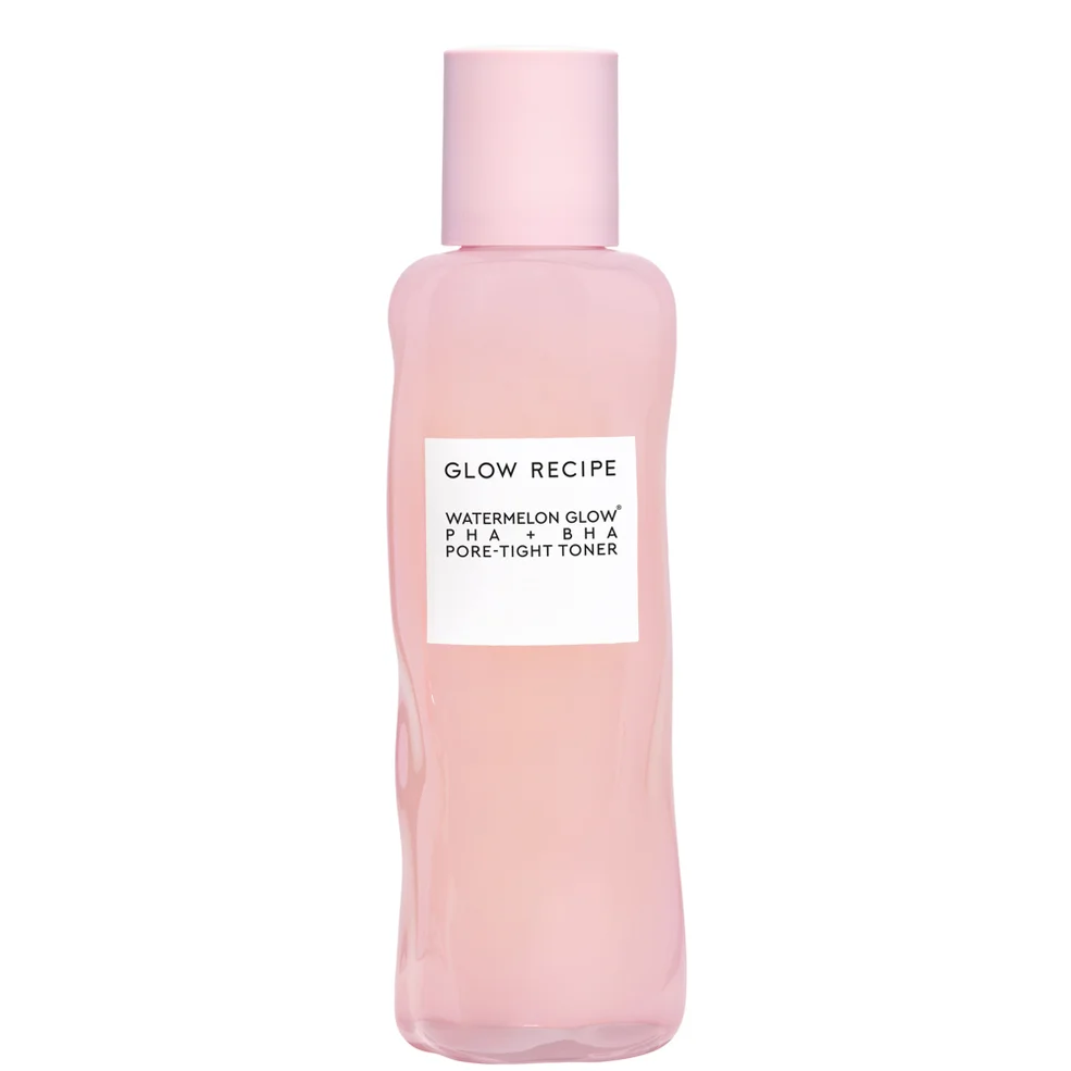A bottle of Glow Recipe Watermelon Glow PHA + BHA Pore-Tight Toner in a soft pink translucent bottle with a matching pink cap and a white label.