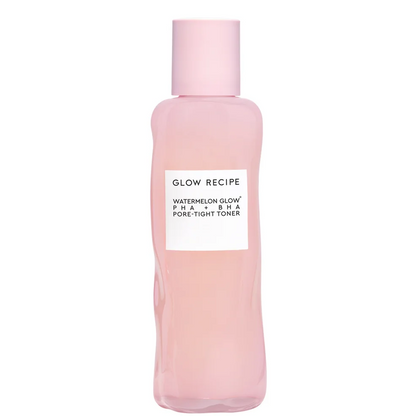 A bottle of Glow Recipe Watermelon Glow PHA + BHA Pore-Tight Toner in a soft pink translucent bottle with a matching pink cap and a white label.