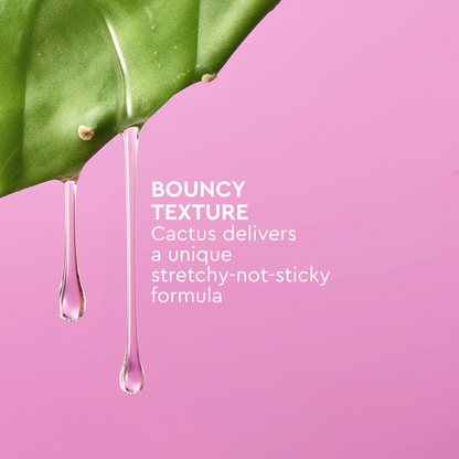 Cactus leaf with water droplet on pink background and text about bouncy texture.