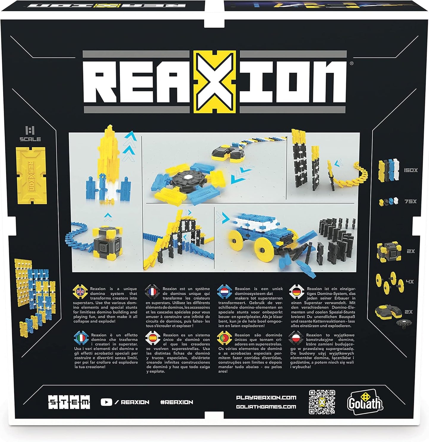 REAXION toy set packaging with various toy pieces displayed on a black background