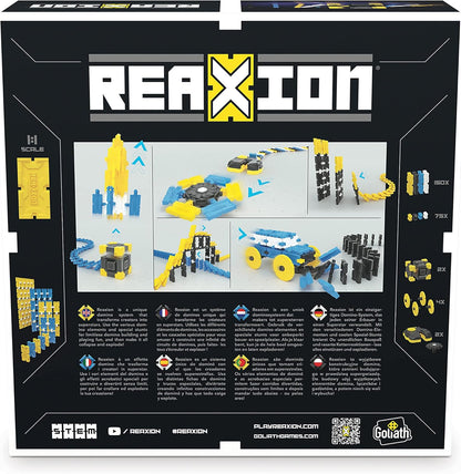 REAXION toy set packaging with various toy pieces displayed on a black background