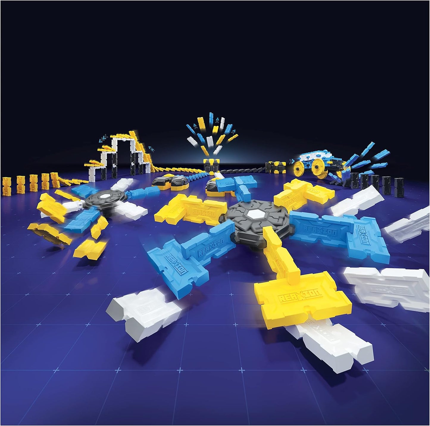 Toy set with colorful building blocks on a dark blue grid background