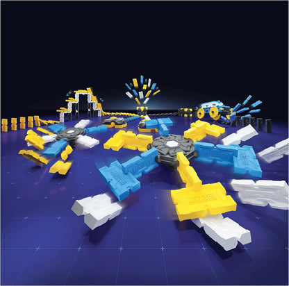 Toy set with colorful building blocks on a dark blue grid background