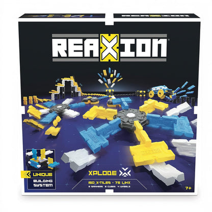 REAXION toy building set packaging with colorful toy pieces on a dark background
