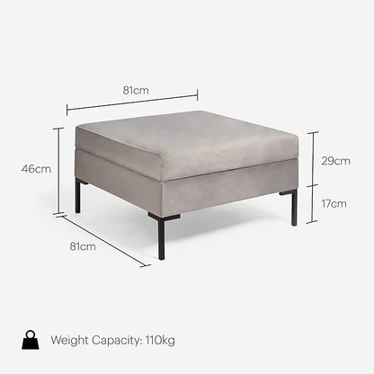 Grey Square Velvet Ottoman Footstool Black Metal Legs 81D x 81W x 44.5H Designed by Beautify