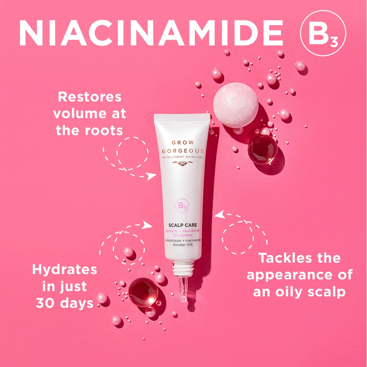 Scalp care product with Niacinamide B3 on a pink background