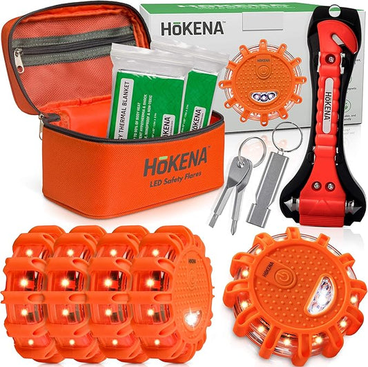 HOKENA 11 Piece LED Roadside Emergency Kit - Inc LED Flares, Thermal Blankets, Window Breaker & Seatbelt Cutter