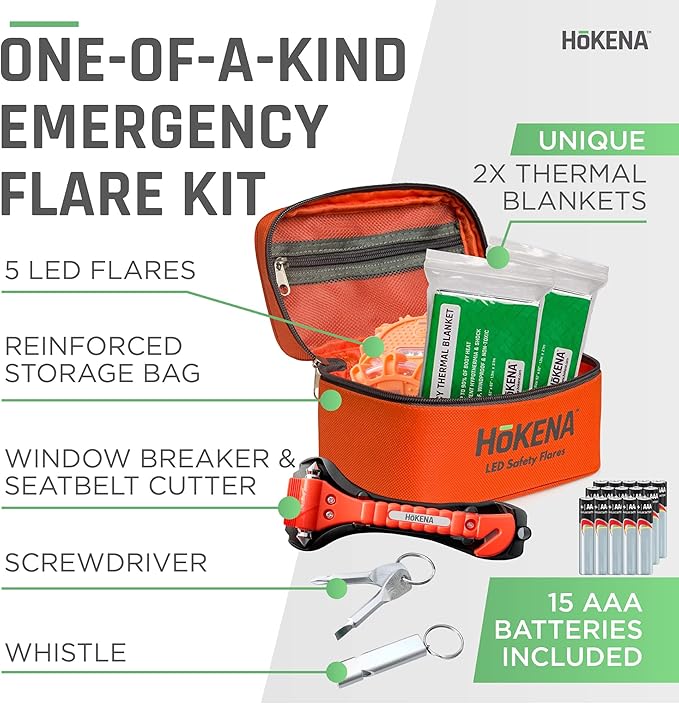 HOKENA 11 Piece LED Roadside Emergency Kit - Inc LED Flares, Thermal Blankets, Window Breaker & Seatbelt Cutter