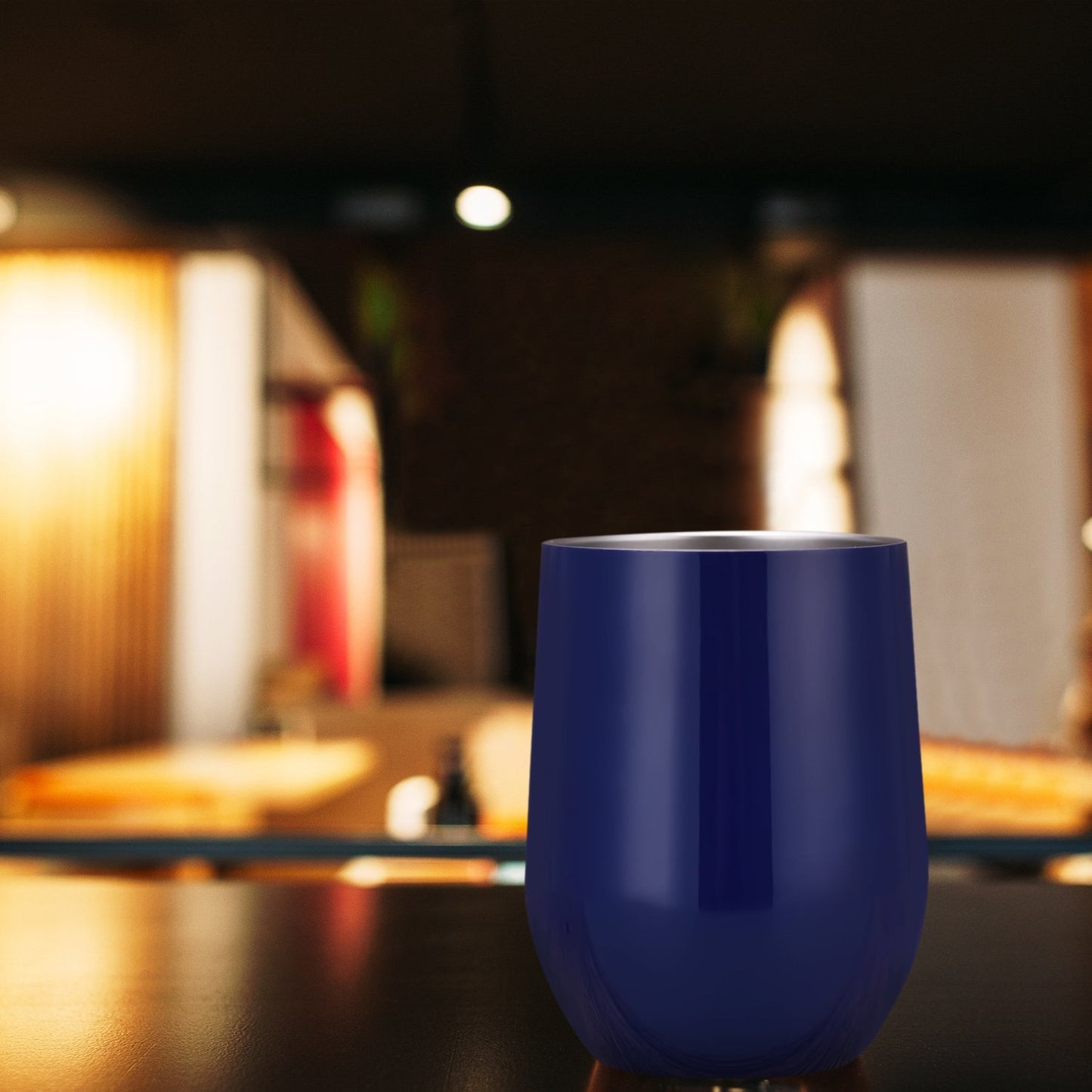 Blue cup on a blurred restaurant background