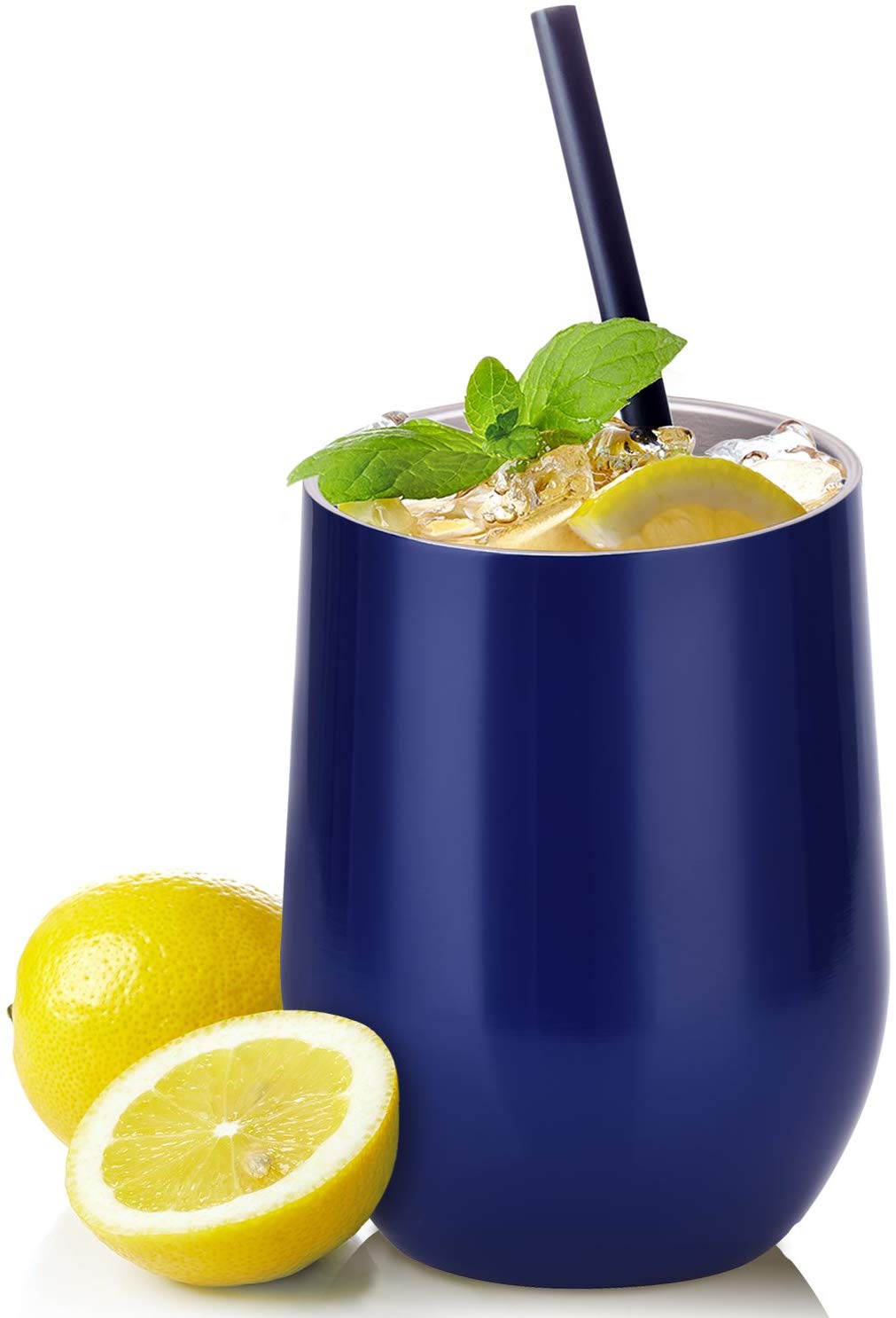 Blue tumbler with lemon slices and a straw on a white background
