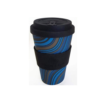 Happy Earth Wave Stripe 450ml Bamboo Coffee Cup – Eco-Friendly Reusable Travel Mug with Lid