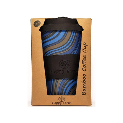 Happy Earth Wave Stripe 450ml Bamboo Coffee Cup – Eco-Friendly Reusable Travel Mug with Lid