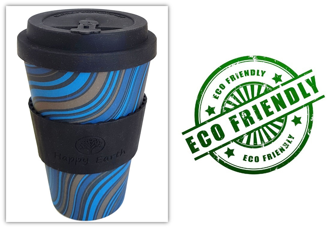 Happy Earth Wave Stripe 450ml Bamboo Coffee Cup – Eco-Friendly Reusable Travel Mug with Lid