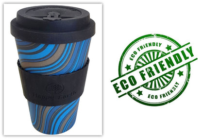 Happy Earth Wave Stripe 450ml Bamboo Coffee Cup – Eco-Friendly Reusable Travel Mug with Lid