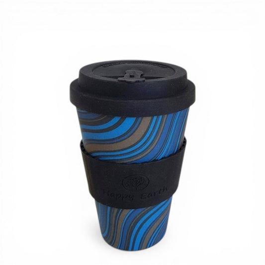 a blue and brown striped bamboo travel cup with a black lid