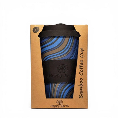 Happy Earth Wave Stripe 450ml Bamboo Coffee Cup – Eco-Friendly Reusable Travel Mug with Lid