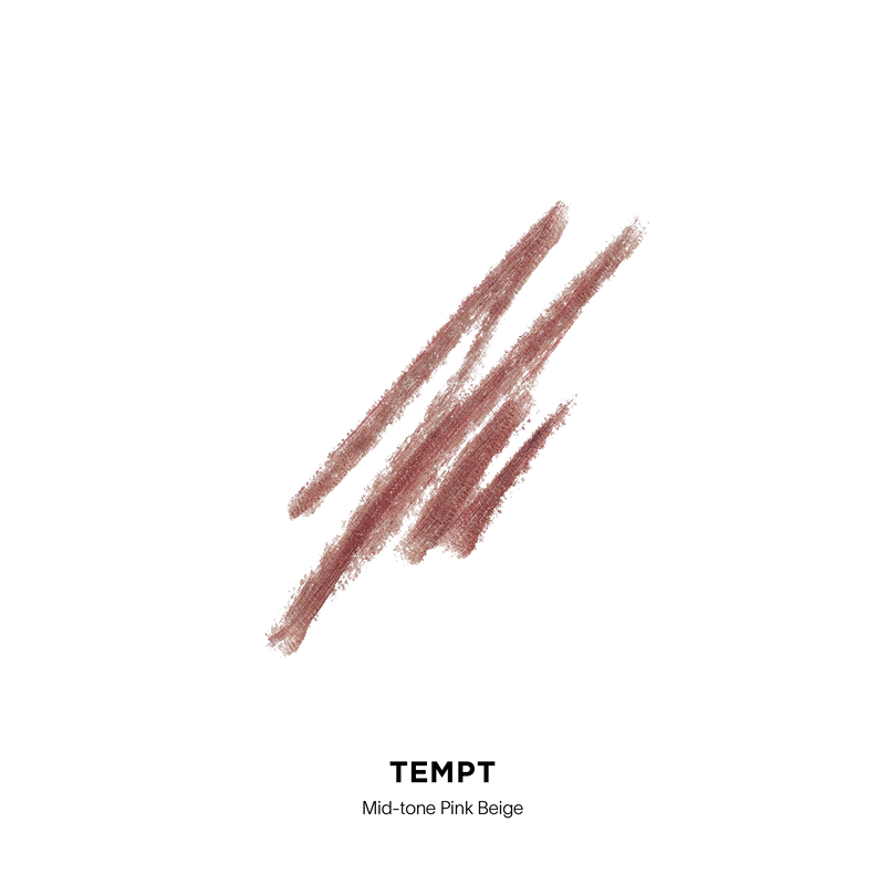 A makeup swatch showing three diagonal strokes of a lip product in a dusty rose-beige shade, labeled 'TEMPT' and 'Mid-tone Pink Beige' on a plain white background.