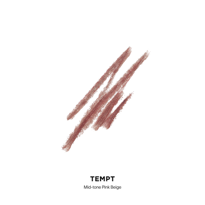 A makeup swatch showing three diagonal strokes of a lip product in a dusty rose-beige shade, labeled 'TEMPT' and 'Mid-tone Pink Beige' on a plain white background.