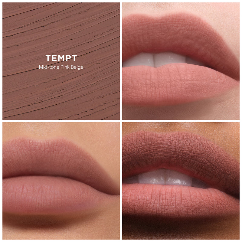 Four-panel close-up of lips wearing a matte dusty pink lipstick shade, alongside a square swatch panel labeled TEMPT Midi-tone Pink Beige.