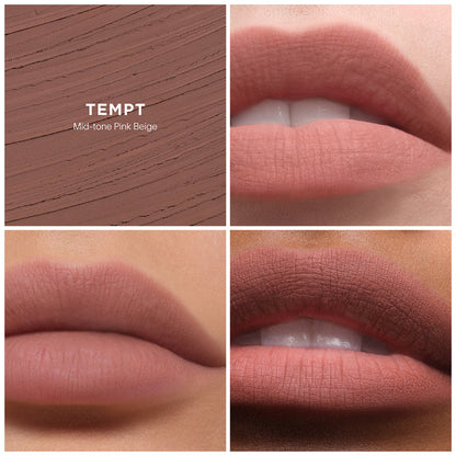 Four-panel close-up of lips wearing a matte dusty pink lipstick shade, alongside a square swatch panel labeled TEMPT Midi-tone Pink Beige.
