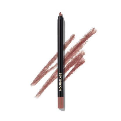 Hourglass lip liner pencil in a nude mauve-brown shade, shown vertically with three diagonal swatches of the product color behind it on a white background.
