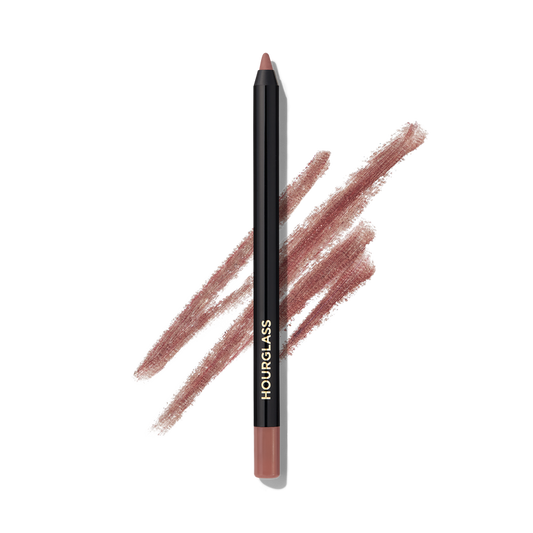Hourglass lip liner pencil in a nude mauve-brown shade, shown vertically with three diagonal swatches of the product color behind it on a white background.