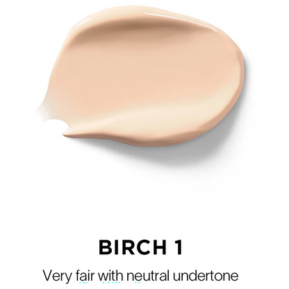 A swatch of liquid foundation in the shade 'BIRCH 1' shown on a white background with text below reading 'BIRCH 1' and 'Very fair with neutral undertone'.