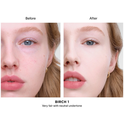 Before and after makeup swatch comparison on a model's face, showing a very fair skin tone with neutral undertones labeled as Birch 1.