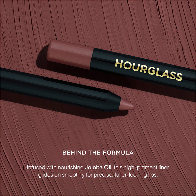 Hourglass lip liner on a wooden surface with product description text.