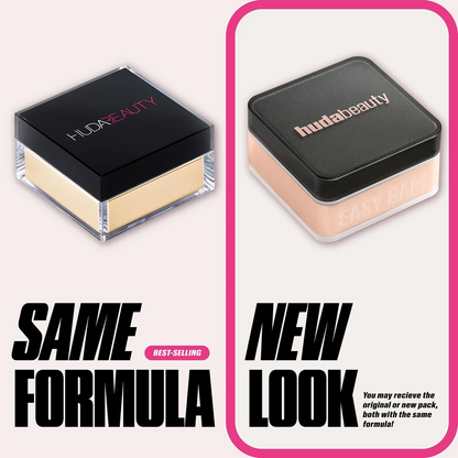 Huda Beauty powder with 'Same Formula, New Look' text on a white background