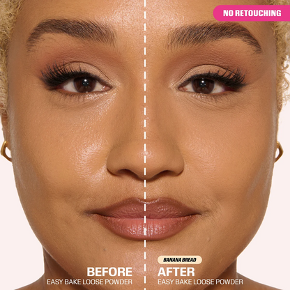 Before and after comparison of a woman's face using Banana Bread Easy Bake Loose Powder with 'No Retouching' label.