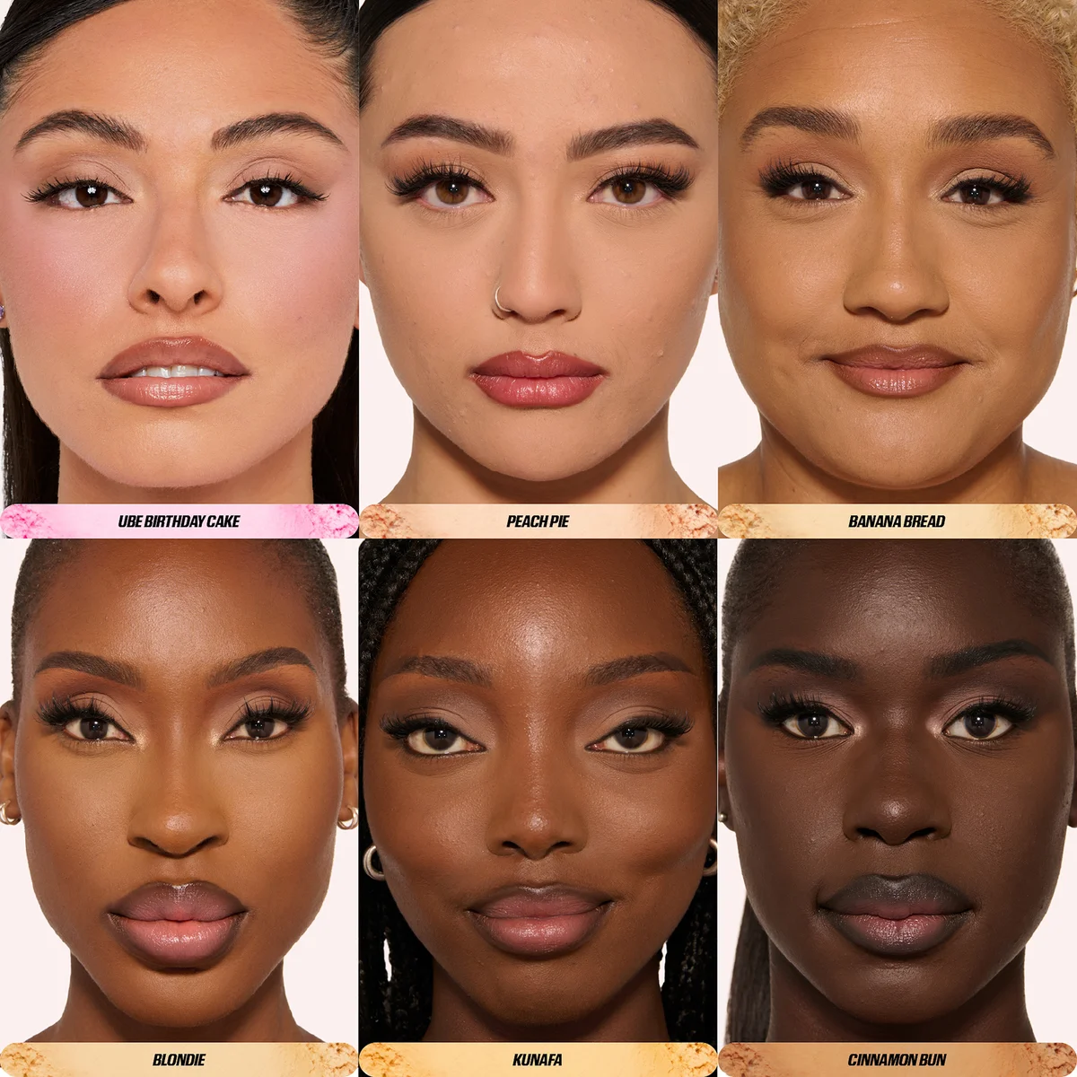 Collage of a woman's face with different makeup looks and color swatches.