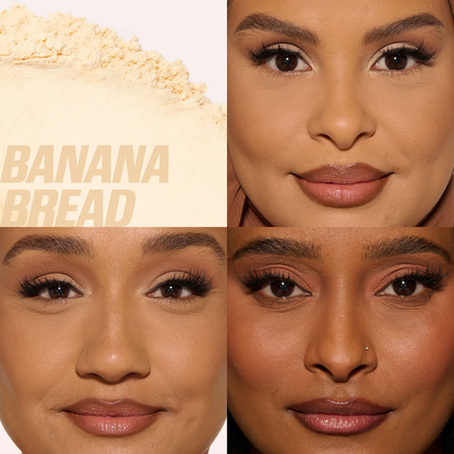 Collage of a woman's face with close-up shots and text 'Banana Bread' on beige background
