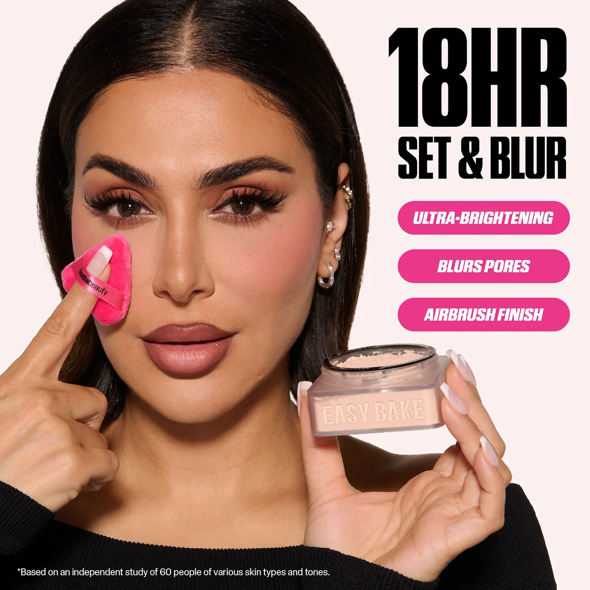 Woman holding a pink makeup tool and a jar of Easy Bake product, with text about 18-hour set and blur.