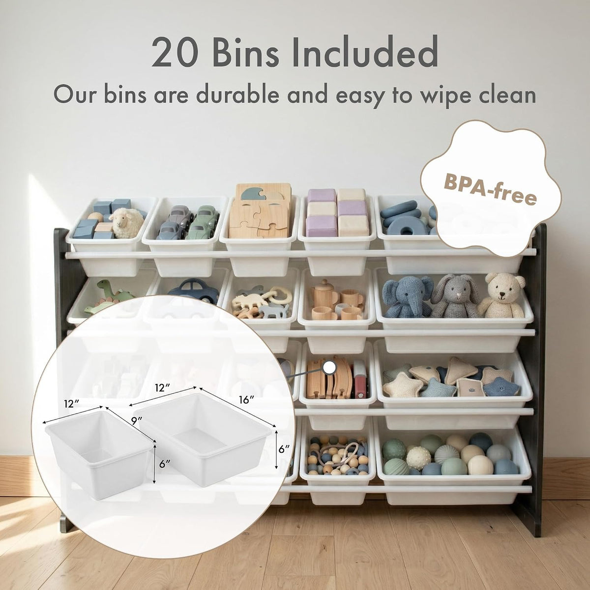 A set of 20 white plastic storage bins arranged on a black shelving unit, filled with toys and blocks. Text at the top says '20 Bins Included' and notes they are durable and easy to wipe clean.