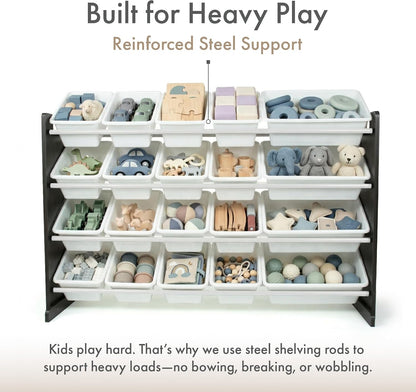 A white plastic toy organizer with multiple shelves holding assorted wooden and plastic children's toys, shown on a white background with marketing text above and below.