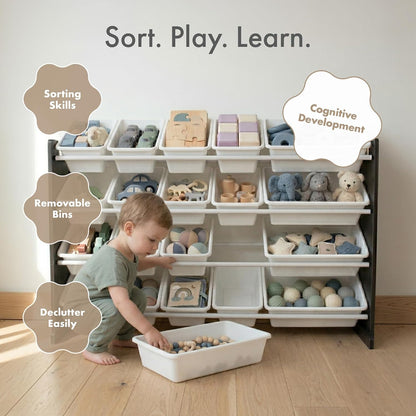 Child playing with a toy storage system labeled 'Sort. Play. Learn.'