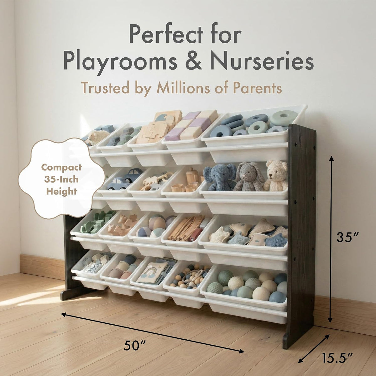 Children's toy storage shelf with toys on a wooden floor, labeled 'Perfect for Playrooms & Nurseries'.