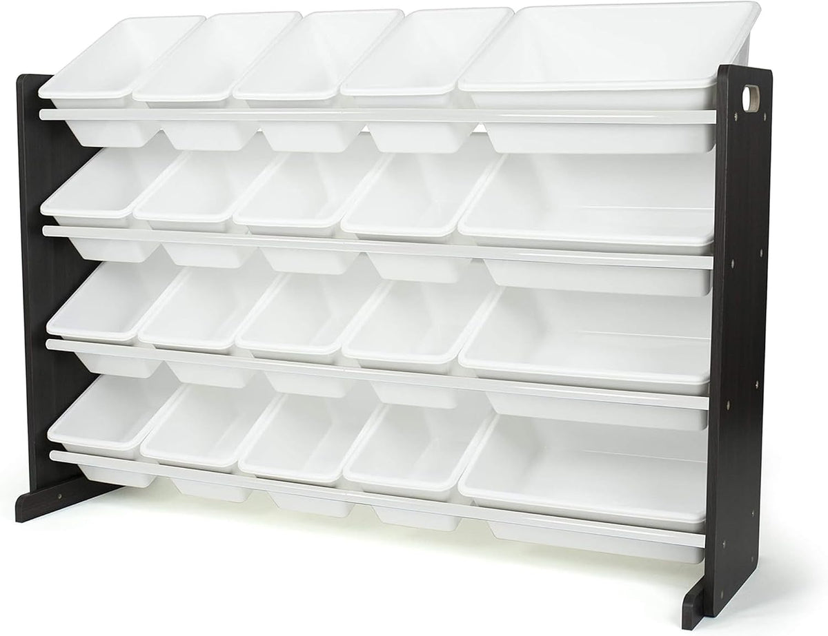 A wall-mounted plastic organizer rack with multiple white drawer bins and black side supports, shown on a clean white background.