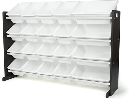 A wall-mounted plastic organizer rack with multiple white drawer bins and black side supports, shown on a clean white background.