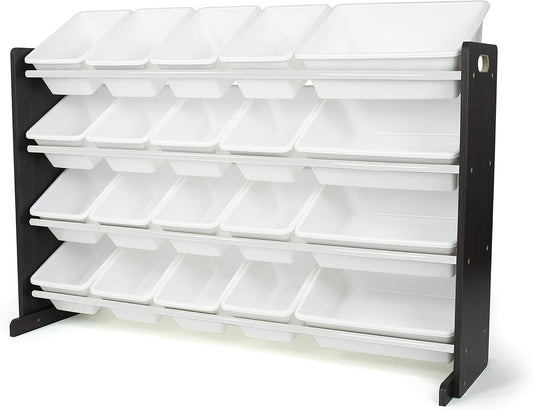 A wall-mounted plastic organizer rack with multiple white drawer bins and black side supports, shown on a clean white background.