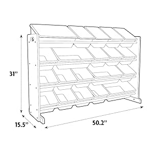 Black and white line drawing of a wall-mounted storage rack with multiple angled bins, showing dimension labels of 31 inches tall, 50.2 inches wide, and 15.