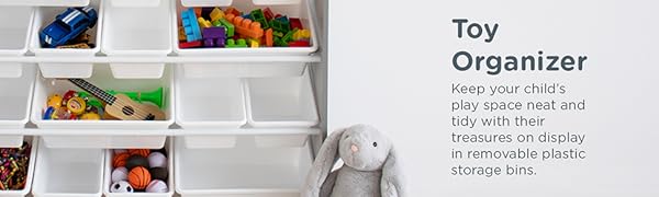 White plastic toy organizer bins arranged on a shelf, filled with colorful toys and small accessories, with a gray plush bunny beside them and product text on a white background.