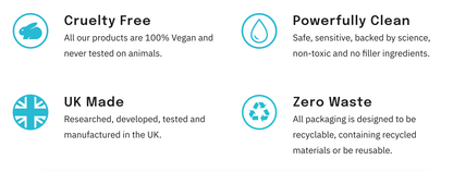List of product attributes including cruelty-free, powerfully clean, UK made, and zero waste on a white background.