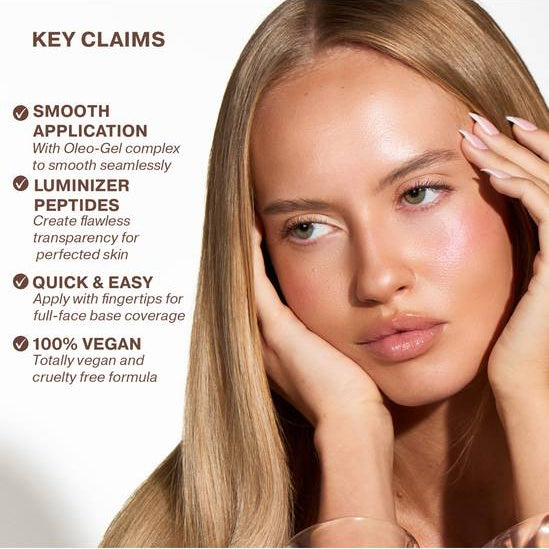 Woman wearing ICONIC-London-Radiance Booster Tan Glow with text on key claims on a white background