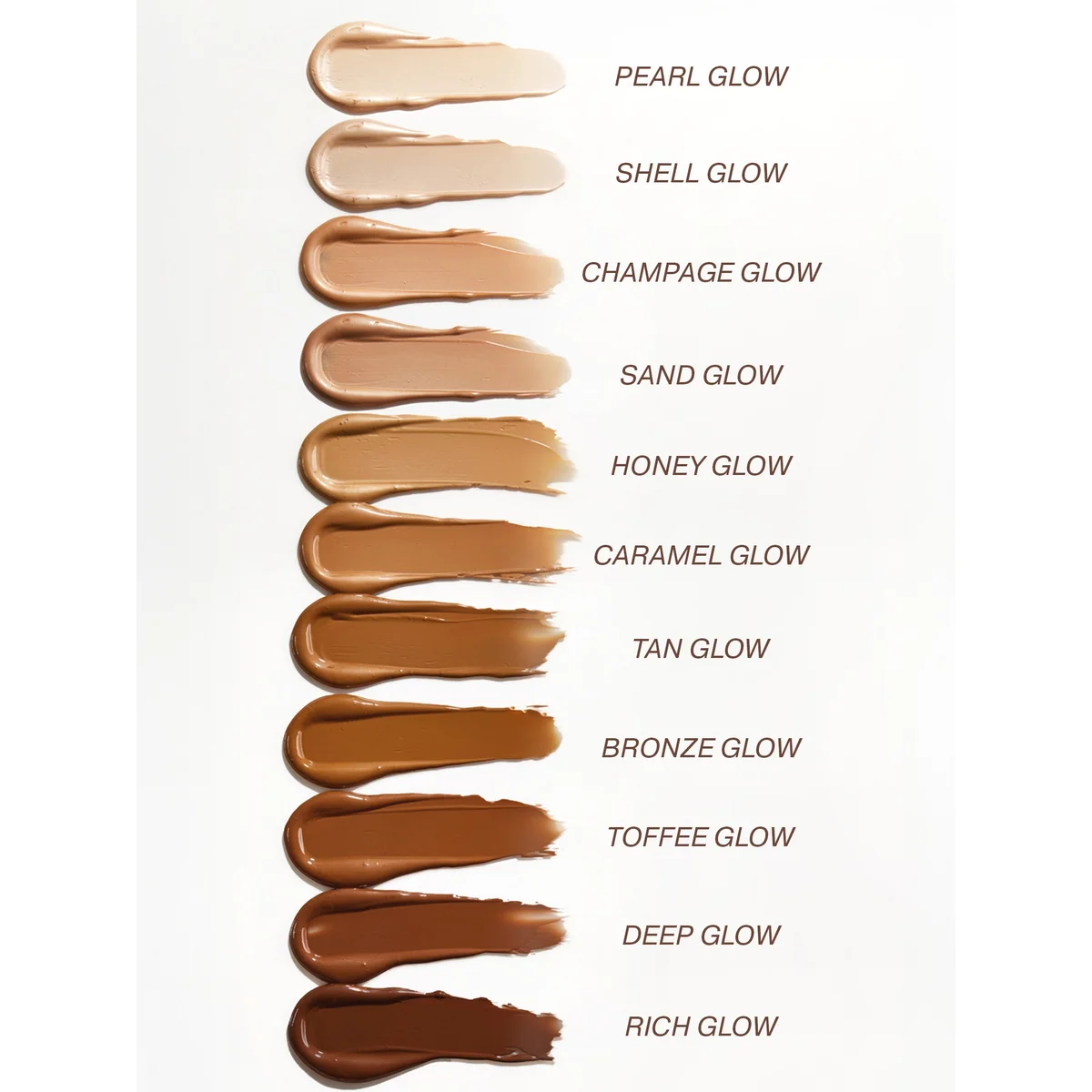 Color swatches of different shades of ICONIC London Radiance Booster Tan Glow labeled with names on a white background