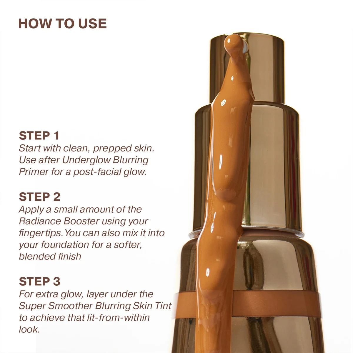 ICONIC London Radiance Booster Tan Glow with instructions on how to use it on a white background