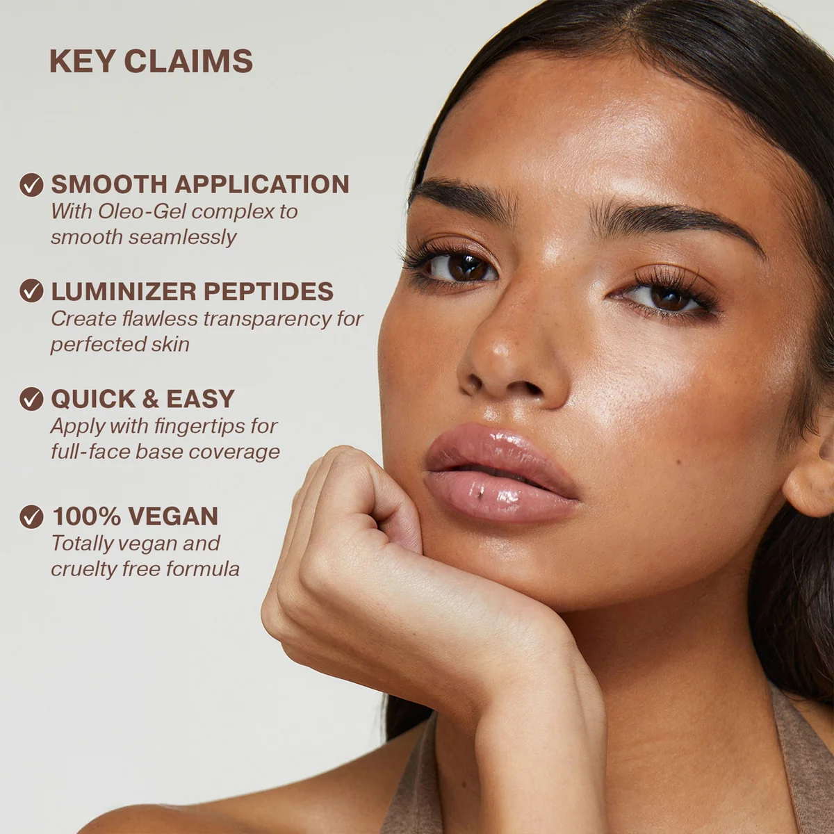Woman with smooth skin and product key claims listed on a white background