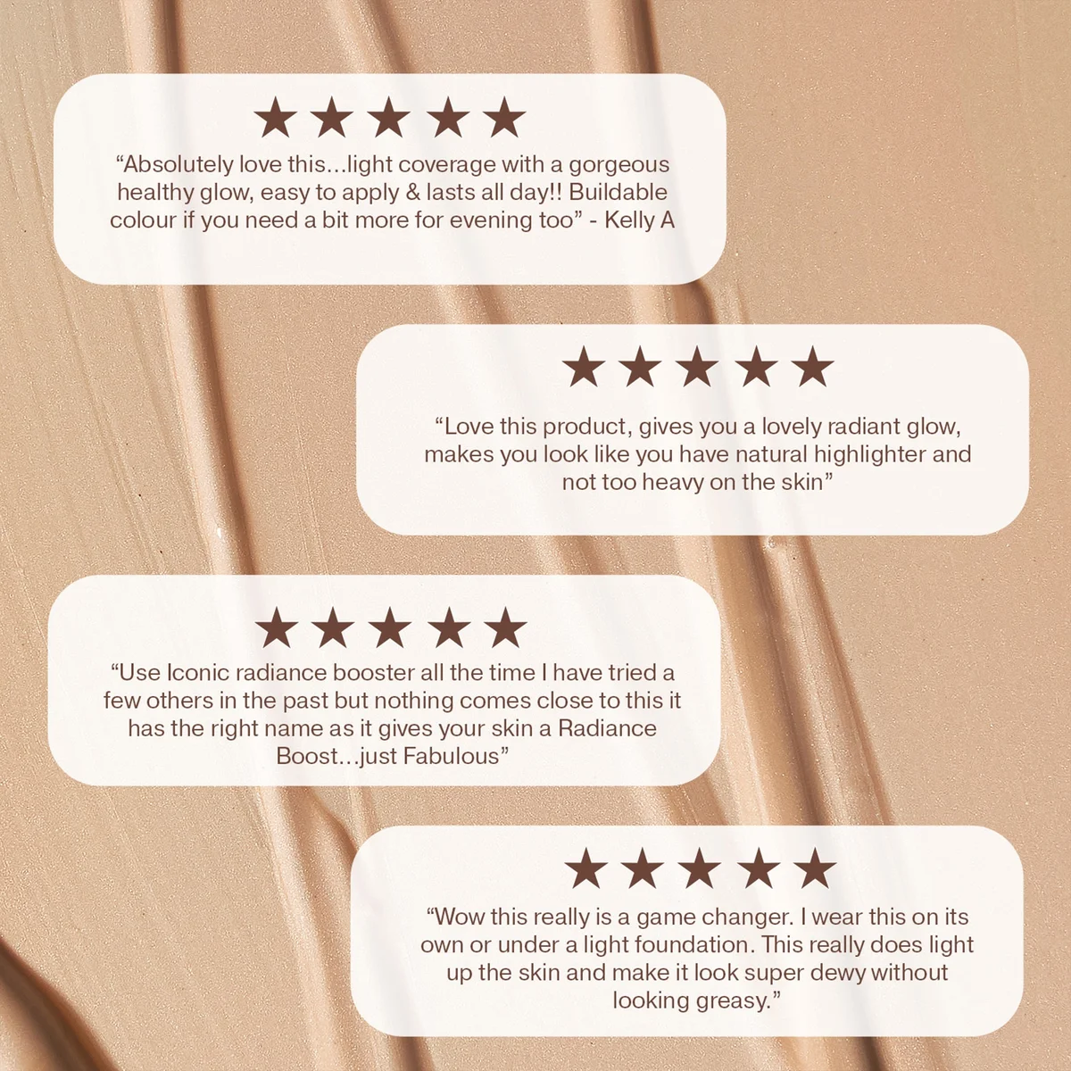 5 star ICONIC London Radiance Booster Tan Glow reviews on a beige background with text bubbles.