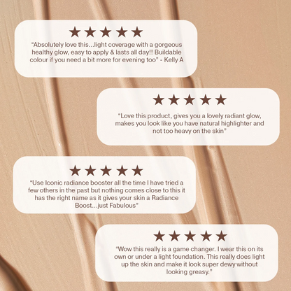 5 star ICONIC London Radiance Booster Tan Glow reviews on a beige background with text bubbles.